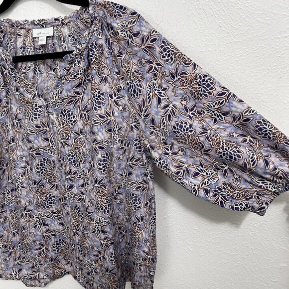 J. Jill Love Linen Sz S V Neck Purple Lotus Vines 100% Linen Peasant Top Blouse - Picture 7 of 13
